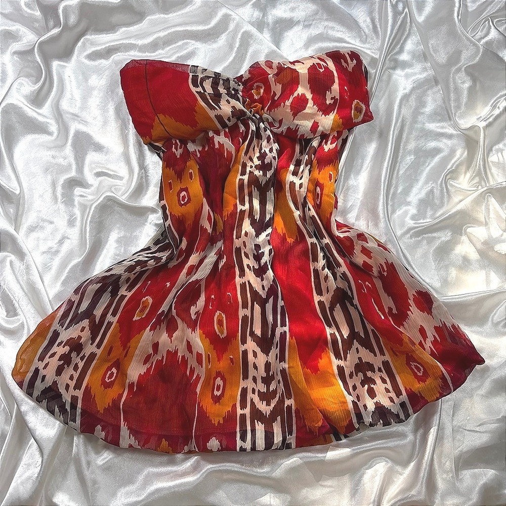 y2k Studio Y Tube Top Red Excellent Ikat Tribal Print Strapless Chiffon XL